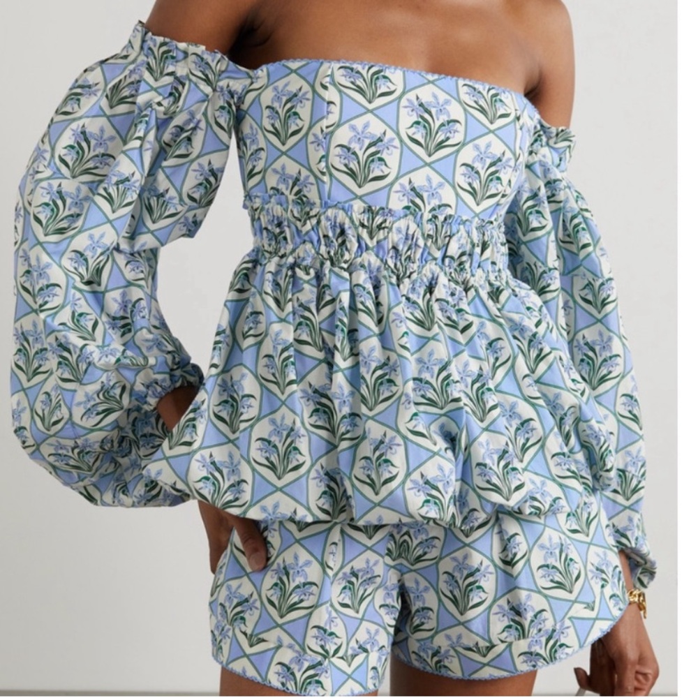 Agua by Agua Bendita Blue and Green Floral Off-Shoulder Peplum Top